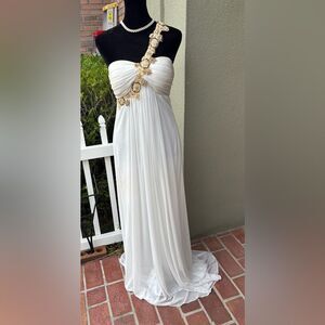 White Flowing Silhouette One Shoulder Gold Sequins Floral Embellishment Full Len